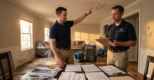 Two restoration professionals inspect a water-damaged home while reviewing documents and photos. One points to stains and peeling paint on the ceiling as drying equipment operates in the background, suggesting an insurance assessment or property damage evaluation.