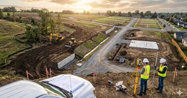 Large residential land development site at sunset with construction crews surveying terrain and preparing infrastructure Excavators, bulldozers, and grading equipment shape roads, drainage systems, and building lots Surveyors use measuring tools beside foundation work while nearby suburban homes border the expanding neighborhood project showcasing early stages of modern community construction planning and development