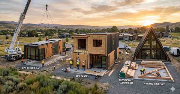 Modern modular housing construction site at sunset featuring crane lifted prefab units, partially assembled contemporary homes, and an A frame residence Workers install precision kit components and structural panels across the development Rural hills, construction materials, and unfinished buildings highlight innovative prefab architecture, efficient assembly methods, and modern residential design in progress outdoors