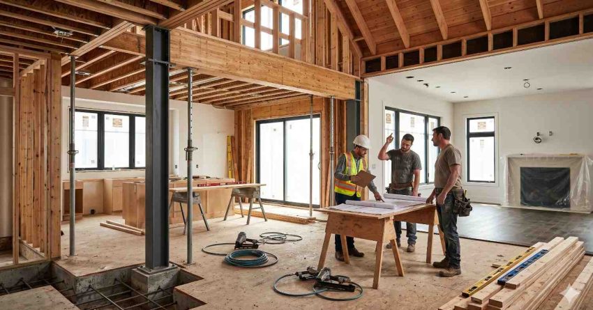 Interior residential construction site with exposed wooden framing, steel support columns, and unfinished flooring. Three construction professionals review blueprints around temporary worktable inside spacious modern home build. Natural light enters through large windows and sliding doors. Tools, lumber, and equipment scattered throughout structure highlight active renovation and custom home development project.