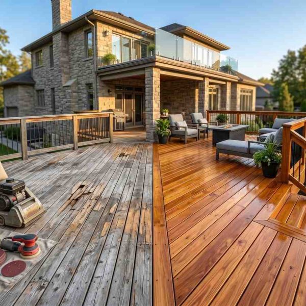 Before and after deck restoration showcasing weathered wood deck refinishing and renovation. Transformed outdoor living space features freshly stained hardwood decking, updated railings, and modern patio furniture at a luxury home, highlighting professional deck repair, sanding, staining, maintenance, and exterior home improvement services.