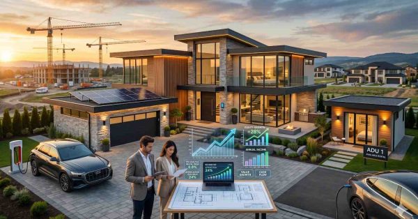 Modern luxury smart home with solar panels and electric vehicles at sunset surrounded by upscale suburban development Two professionals review architectural plans beside digital financial charts showing equity growth, rental income, and investment metrics Contemporary glass architecture, landscaped grounds, and an accessory dwelling unit highlight sustainable real estate development and modern property investment opportunities