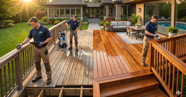 Three deck restoration professionals work on a large backyard wooden deck during sunset. One measures railing components, another pressure washes weathered boards, and a third applies protective stain to railings. The image highlights deck cleaning, refinishing, maintenance, and wood preservation, showing a dramatic before-and-after transformation across the surface.