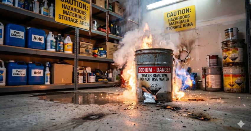 A hazardous materials storage room contains leaking chemical containers and warning signs. In the center, a damaged drum labeled “Sodium – Danger, Water Reactive” burns and emits smoke, while sparks and flames spread across the concrete floor near stored acids and pool chemicals.
