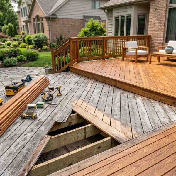 Deck renovation project showing replacement of aging wood decking with new premium deck boards, construction tools, and outdoor seating area. Residential deck restoration showcasing custom carpentry, backyard remodeling, deck resurfacing, and luxury outdoor living space improvement for enhanced home value.