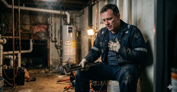A tired plumber sits in a dim basement holding a pipe wrench and clutching his chest beside exposed pipes and a water heater, suggesting exhaustion or physical strain during a residential repair job.