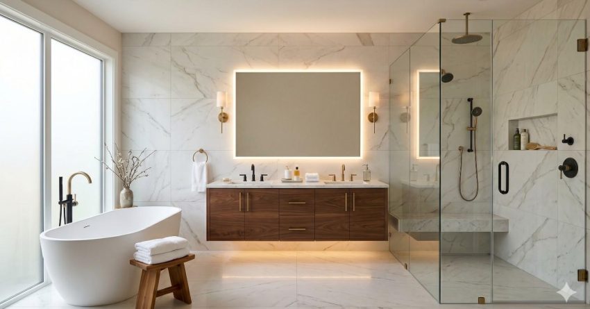 Luxury modern bathroom with marble walls, a freestanding bathtub, glass walk-in shower, and floating wood vanity. Soft lighting, gold fixtures, and minimalist decor create a bright spa-like atmosphere.