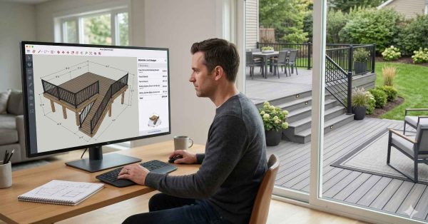 Man designing a backyard deck on computer software while viewing a completed composite deck through large windows. The screen displays a 3D deck model with dimensions and budget details, illustrating deck planning, outdoor renovation design, and custom decking visualization.