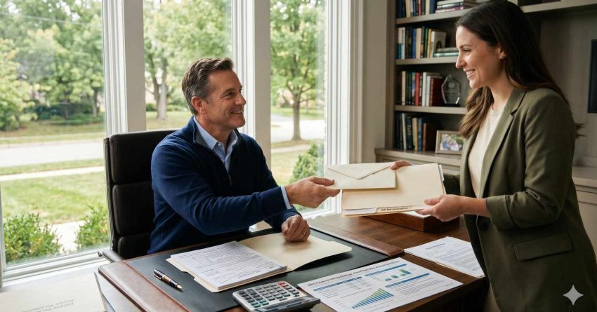 Businesswoman handing documents to a smiling client across a desk in a home office. Financial reports, paperwork, and a calculator on the desk suggest a mortgage approval, real estate transaction, or financial consultation meeting.