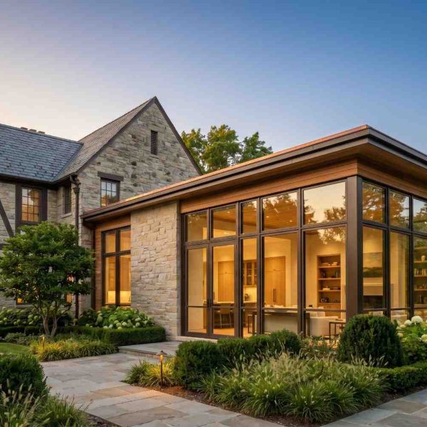 Luxury custom home addition blending traditional stone architecture with a modern glass extension. Contemporary residential design featuring floor-to-ceiling windows, landscaped gardens, premium exterior finishes, and elegant home renovation with enhanced curb appeal.