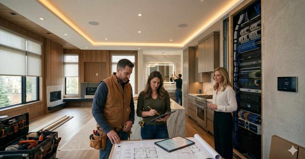 Modern smart home installation consultation inside luxury residential interior featuring contractor, homeowner, and technology specialist reviewing blueprints and digital tablet. Open server rack displays organized networking cables and home automation equipment beside kitchen. Contemporary space includes recessed lighting, wood paneling, marble island, and integrated climate control touchscreen during renovation project.