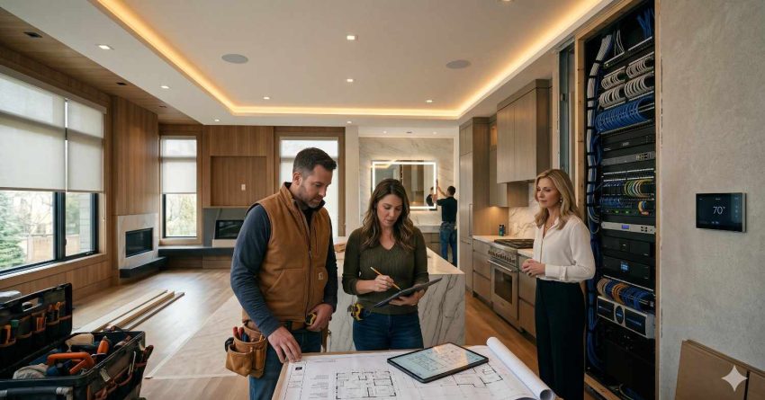 Modern smart home installation consultation inside luxury residential interior featuring contractor, homeowner, and technology specialist reviewing blueprints and digital tablet. Open server rack displays organized networking cables and home automation equipment beside kitchen. Contemporary space includes recessed lighting, wood paneling, marble island, and integrated climate control touchscreen during renovation project.