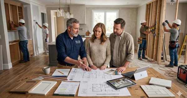Contractor reviews renovation blueprints and material samples with homeowners inside a partially remodeled modern home. Construction workers install drywall and framing in the background while tools, flooring samples, cabinetry, and design plans cover a large wooden table. The active residential renovation site highlights collaboration between clients and builders during the remodeling and design process.