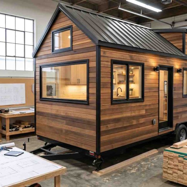 Completed tiny house built in a workshop, featuring modern wood siding, metal roofing, large energy-efficient windows, and custom craftsmanship. Prefabricated tiny home construction highlights sustainable building practices, affordable housing solutions, and high-quality mobile living designed for comfort and functionality.