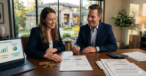 A couple reviews and signs home closing documents at a table with house keys, financial reports, and mortgage paperwork, celebrating a real estate purchase inside a bright modern home.