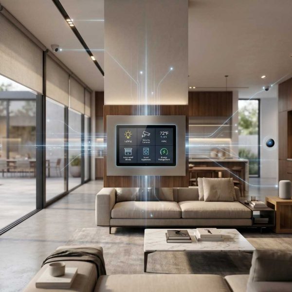 Modern smart home living room with integrated home automation system, touchscreen control panel, connected devices, and energy management features. Contemporary open-concept interior showcases smart technology, automated lighting, climate control, security monitoring, and luxury residential design for intelligent home living.