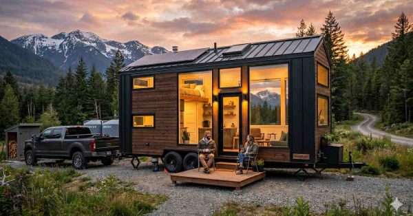 Modern tiny house on wheels parked in scenic mountain landscape at sunset, featuring black metal siding, large windows, and warm interior lighting. Couple relaxes on wooden deck beside pickup truck and forested surroundings. Compact off-grid home showcases minimalist living, outdoor adventure lifestyle, sustainable design, and cozy contemporary architecture in remote wilderness setting.
