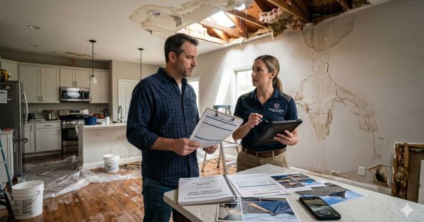 A homeowner reviews documents with a restoration specialist inside a water-damaged house featuring cracked walls, ceiling leaks, and exposed insulation, while repair estimates and inspection photos are spread across a kitchen counter.
