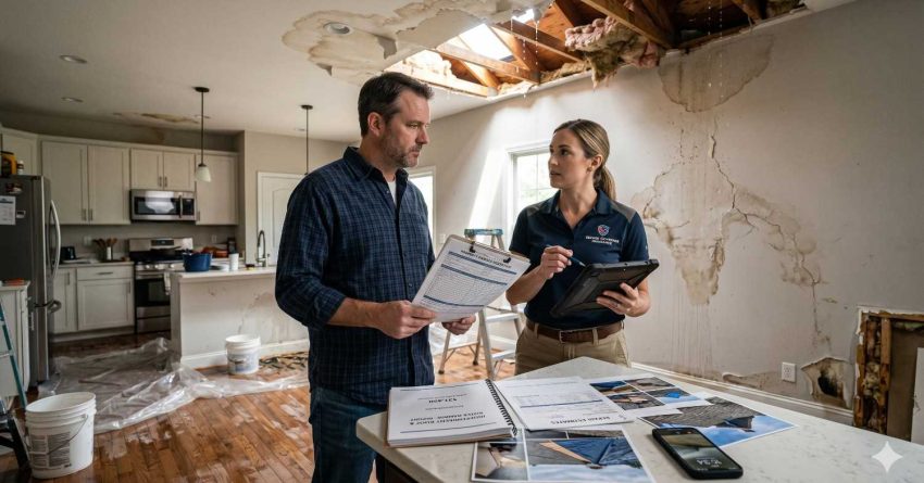 A homeowner reviews documents with a restoration specialist inside a water-damaged house featuring cracked walls, ceiling leaks, and exposed insulation, while repair estimates and inspection photos are spread across a kitchen counter.