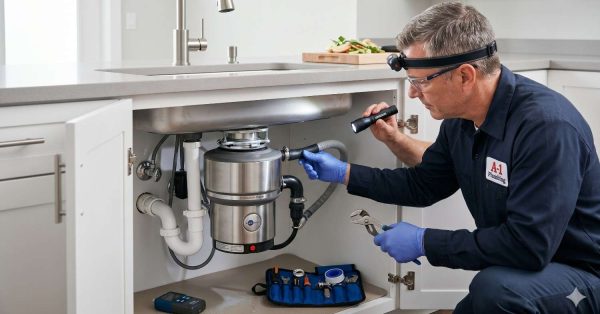 Professional plumber inspects and repairs a kitchen garbage disposal beneath a sink cabinet. Wearing safety glasses and gloves, the technician uses a flashlight and hand tools to examine plumbing connections, drainage components, and the disposal unit. Organized repair tools nearby highlight troubleshooting, maintenance, diagnostics, and residential plumbing service expertise.