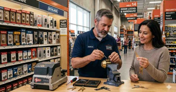 Locksmith demonstrates a lock rekeying service at a hardware store while a smiling customer holds keys nearby. Shelves of door locks and security products surround the work area, highlighting professional key and lock services.