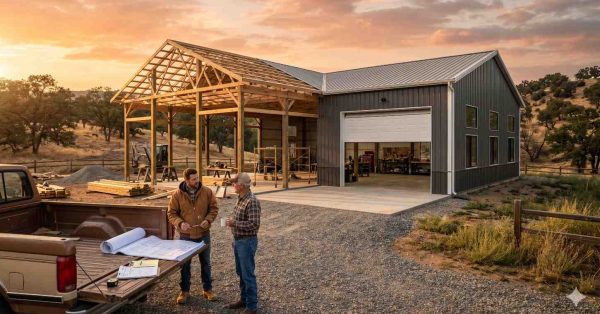 Two men discussing construction plans beside a pickup truck at a rural property with a partially built timber-frame barn and metal workshop. The scene features blueprints, tools, and an open garage under a warm sunset sky.