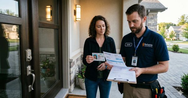 Homeowner verifies the identity of a residential service technician standing at the front door beside a smart keypad lock. Technician displays company credentials, identification badge, paperwork, and clipboard while discussing home services. Modern suburban entrance, exterior lighting, and secure access features highlight customer safety, trust, and professional in-home service verification procedures.