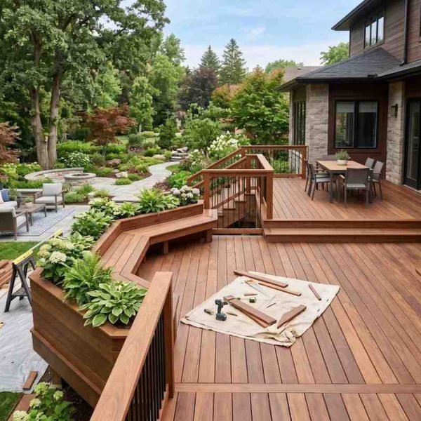 Luxury backyard deck construction with custom hardwood decking, outdoor living space, landscaped garden, and premium patio seating. Residential deck installation showcasing custom carpentry, outdoor renovation, modern landscape design, and upscale home improvement for outdoor entertainment areas.