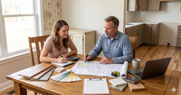 Homeowners review renovation plans and material selections at a dining table inside a home. Flooring samples, countertop pieces, blueprints, a calculator, laptop, and measuring tools are spread across the table. The couple discusses project costs, design options, and remodeling details for a kitchen and interior home improvement project.