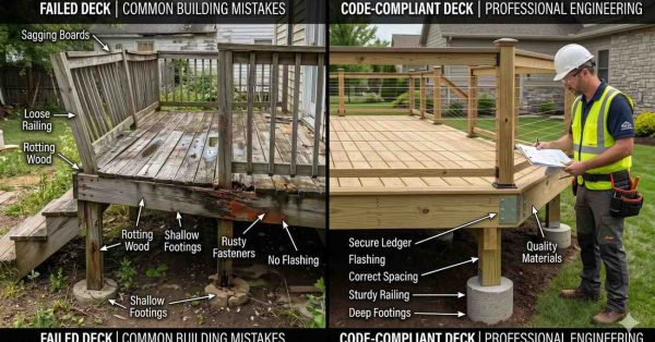 Side-by-side comparison of an unsafe, deteriorated deck and a professionally built code-compliant deck. The failed deck shows sagging boards, loose railings, rotting wood, shallow footings, rusted fasteners, and missing flashing. The compliant deck features secure framing, proper footings, quality materials, correct spacing, sturdy railings, and professional inspection.