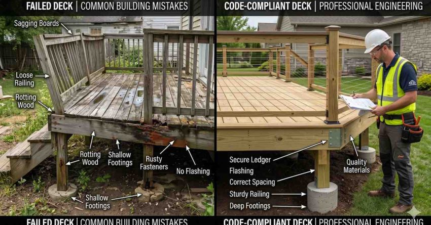 Side-by-side comparison of an unsafe, deteriorated deck and a professionally built code-compliant deck. The failed deck shows sagging boards, loose railings, rotting wood, shallow footings, rusted fasteners, and missing flashing. The compliant deck features secure framing, proper footings, quality materials, correct spacing, sturdy railings, and professional inspection.