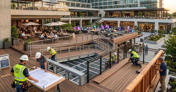 Construction crews install and finish a large multi-level commercial deck at a modern mixed-use development. Workers review blueprints, secure railings, and lay decking materials while restaurants, retail spaces, and outdoor seating areas operate nearby. The image highlights professional deck construction, project planning, craftsmanship, and vibrant urban outdoor gathering spaces.