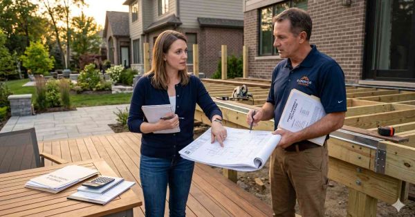 Homeowner and deck contractor reviewing construction plans beside a partially built backyard deck. The scene shows outdoor renovation work in progress with wooden framing, tools, paperwork, and landscaped suburban homes during evening light.