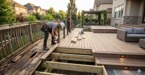 Contractor installs new composite decking and railing posts during a backyard deck renovation, replacing deteriorated wooden boards with a modern multi-level outdoor living space. Integrated stair lighting, pergola seating, and contemporary patio furniture highlight the upgraded design. Construction tools, exposed framing, and unfinished sections showcase the active deck rebuilding and exterior remodeling process.