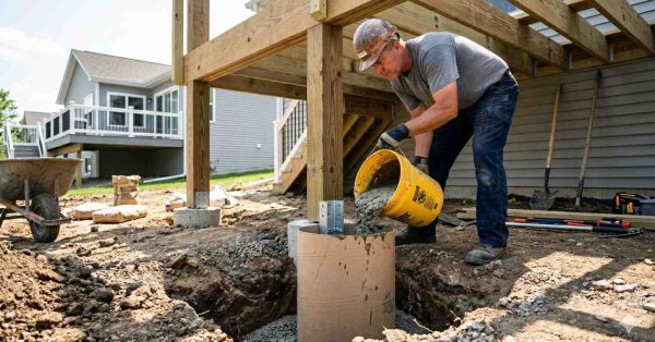Contractor installs a deck support footing beneath an elevated backyard deck. Wearing a hard hat and gloves, he pours concrete into a cylindrical footing form around a metal post anchor. Excavated soil, gravel base, tools, and structural supports are visible, highlighting foundation preparation, stability, and professional deck construction practices.