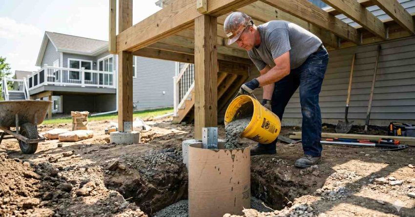 Contractor installs a deck support footing beneath an elevated backyard deck. Wearing a hard hat and gloves, he pours concrete into a cylindrical footing form around a metal post anchor. Excavated soil, gravel base, tools, and structural supports are visible, highlighting foundation preparation, stability, and professional deck construction practices.