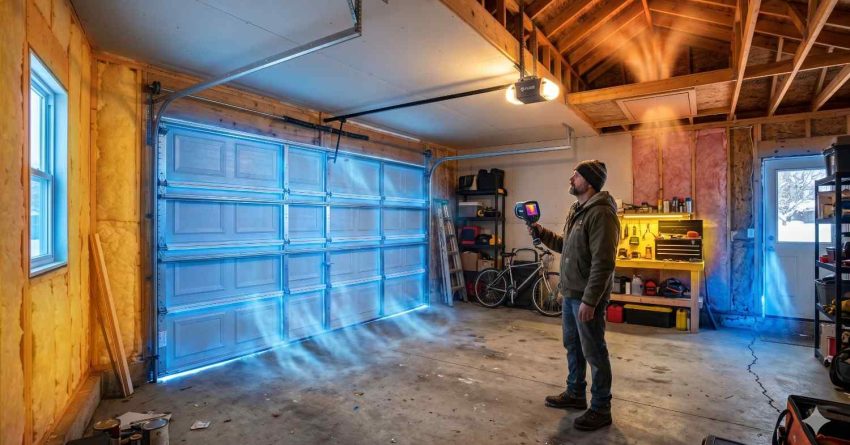 A homeowner uses a thermal imaging device inside a garage to inspect heat loss around a closed garage door, revealing air leaks and poor insulation in the unfinished space during winter conditions.