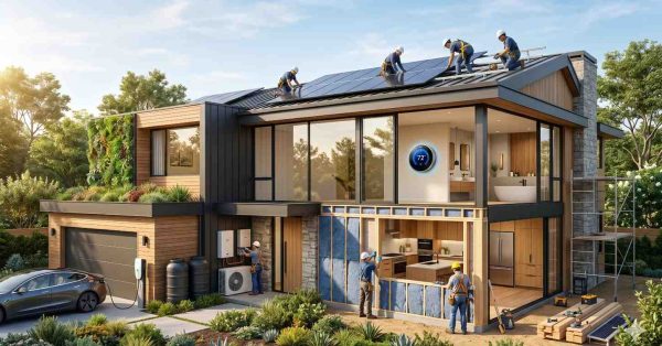Modern sustainable home under construction featuring rooftop solar panel installation, smart thermostat technology, green roof landscaping, electric vehicle charging, rainwater collection, and energy-efficient insulation. Construction workers install renewable energy systems and exterior materials on a contemporary two-story house with large glass windows, eco-friendly design, and integrated HVAC and battery storage solutions.