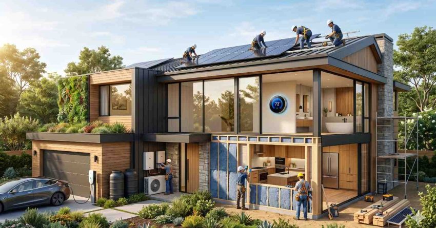 Modern sustainable home under construction featuring rooftop solar panel installation, smart thermostat technology, green roof landscaping, electric vehicle charging, rainwater collection, and energy-efficient insulation. Construction workers install renewable energy systems and exterior materials on a contemporary two-story house with large glass windows, eco-friendly design, and integrated HVAC and battery storage solutions.