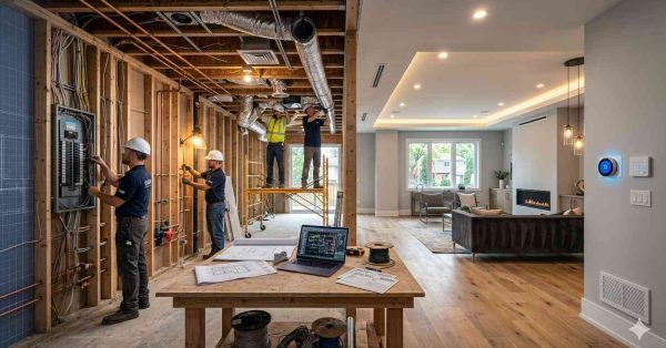 Residential smart home renovation split-view showing active electrical, plumbing, and HVAC installation beside completed modern living space. Contractors work on exposed framing, ductwork, and electrical panel while finished interior features recessed lighting, hardwood flooring, fireplace, and smart thermostat controls. Construction plans, laptop diagnostics, and integrated automation systems highlight contemporary whole-home remodeling project.