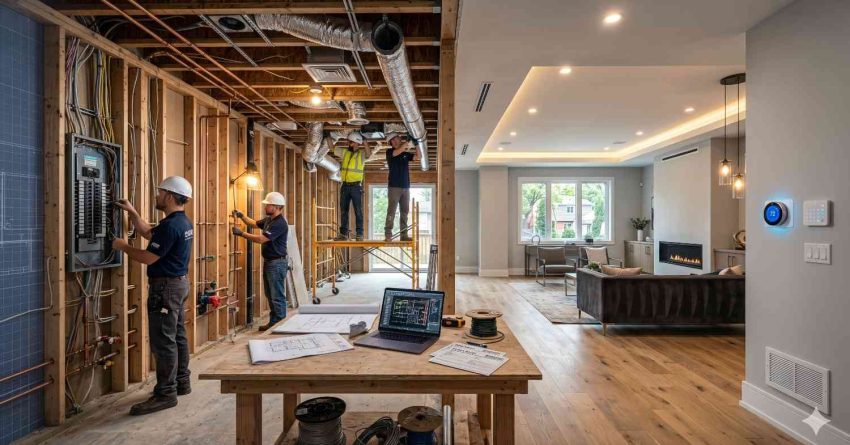 Residential smart home renovation split-view showing active electrical, plumbing, and HVAC installation beside completed modern living space. Contractors work on exposed framing, ductwork, and electrical panel while finished interior features recessed lighting, hardwood flooring, fireplace, and smart thermostat controls. Construction plans, laptop diagnostics, and integrated automation systems highlight contemporary whole-home remodeling project.