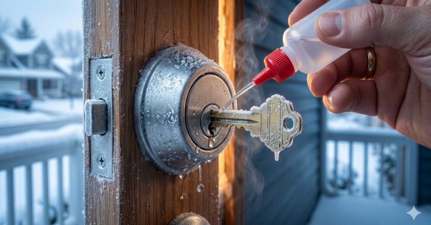 Close-up of a frozen door lock and icy key during winter as a hand applies de-icing solution. Frost, ice buildup, and a snowy background highlight a practical solution for unlocking a frozen exterior door in cold weather.