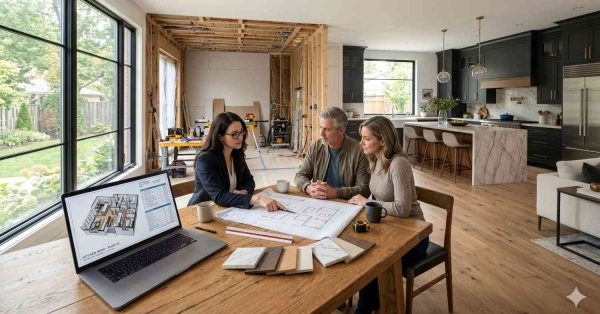 Homeowners meeting with interior designer or contractor at wooden dining table inside partially renovated luxury kitchen. Open wall framing and construction tools contrast with finished modern cabinetry, marble island, and hardwood flooring. Laptop displaying floor plans, material samples, blueprints, and collaborative discussion highlight custom home remodeling planning and residential renovation design process.