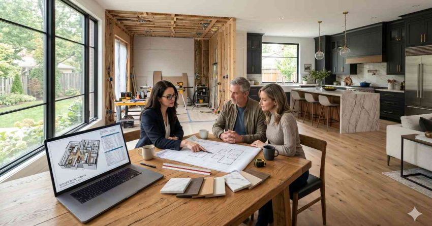 Homeowners meeting with interior designer or contractor at wooden dining table inside partially renovated luxury kitchen. Open wall framing and construction tools contrast with finished modern cabinetry, marble island, and hardwood flooring. Laptop displaying floor plans, material samples, blueprints, and collaborative discussion highlight custom home remodeling planning and residential renovation design process.