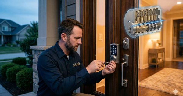 Professional locksmith installs or repairs a modern smart lock with keypad entry on a residential front door at dusk. A transparent cutaway graphic illustrates the internal lock cylinder mechanism and security pins. Warm indoor lighting, suburban neighborhood background, and advanced locking hardware emphasize home security technology, expert locksmith services, and secure keyless access systems.