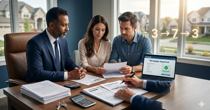 A couple meets with mortgage professionals at an office desk reviewing loan documents and approval paperwork. A laptop displays a mortgage approval screen, while calculators, keys, and financial forms highlight the home financing and underwriting process.