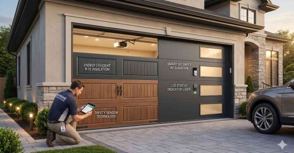 A technician programs a modern garage door system outside a luxury home. The insulated smart garage door features security integration, safety sensors, LED status lighting, and contemporary wood-and-glass panel design.