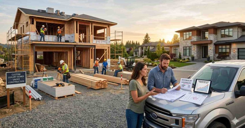 Workers build a custom luxury home at a residential construction site while a couple reviews plans and budget documents beside a pickup truck, with framing materials, scaffolding, and construction equipment visible at sunset.