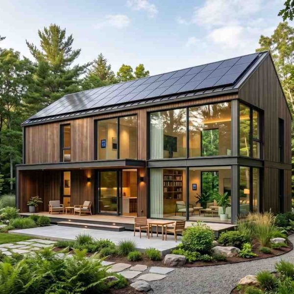 Modern eco-friendly home with rooftop solar panels, floor-to-ceiling windows, and contemporary architecture surrounded by lush forest landscaping. Sustainable residential design featuring energy-efficient construction, modern outdoor living space, and luxury green home architecture in a natural woodland setting.