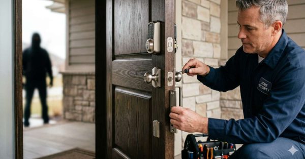 Home security technician installs or adjusts a smart lock and reinforced door hardware on a residential front entry. A blurred figure stands outside in the background, emphasizing security concerns. The image highlights home protection, lock upgrades, access control, burglary prevention, locksmith services, and modern residential security system installation.
